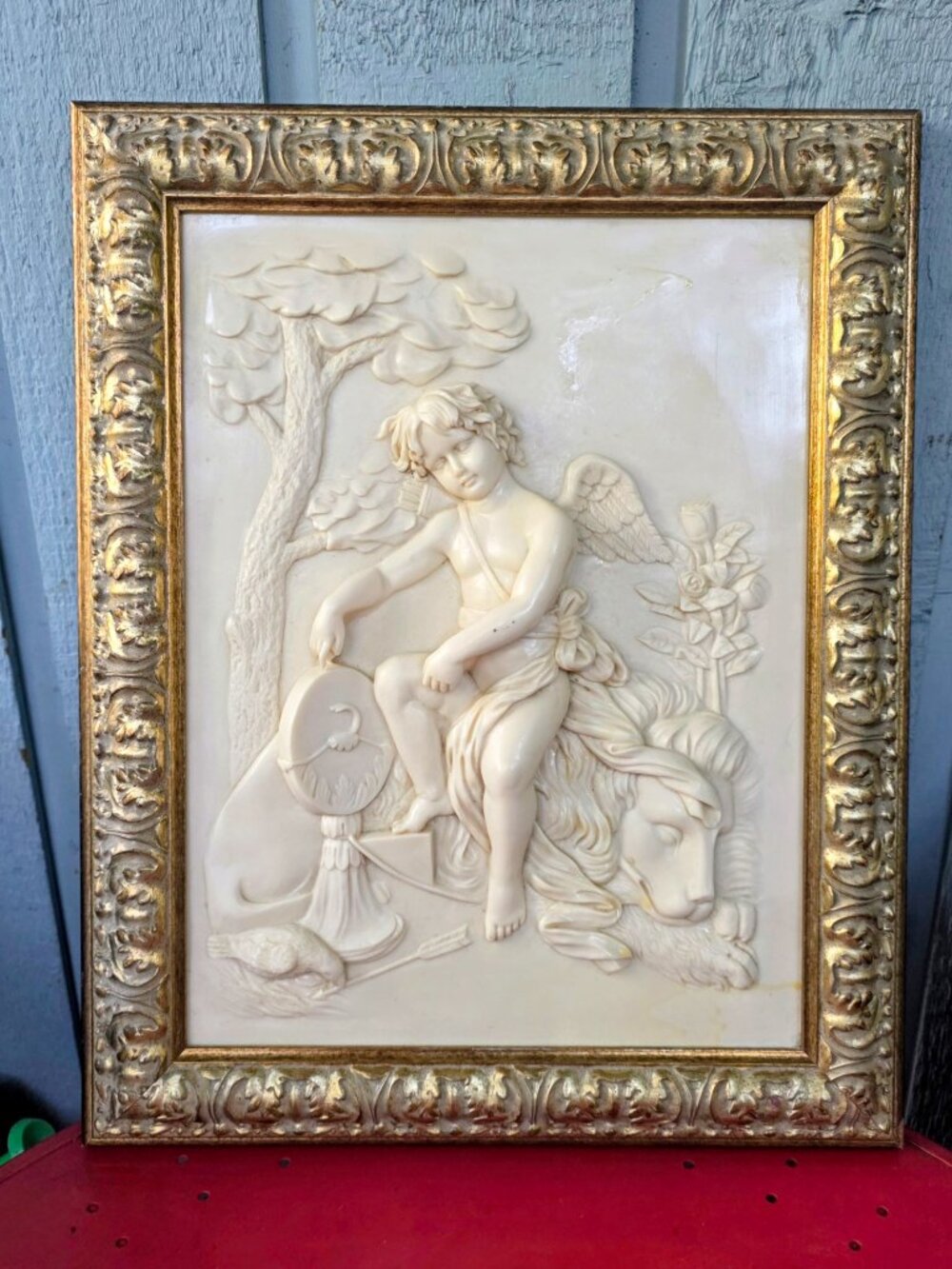 Classical Cupid & Lion Bas Relief Wall Plaque Gilt Frame